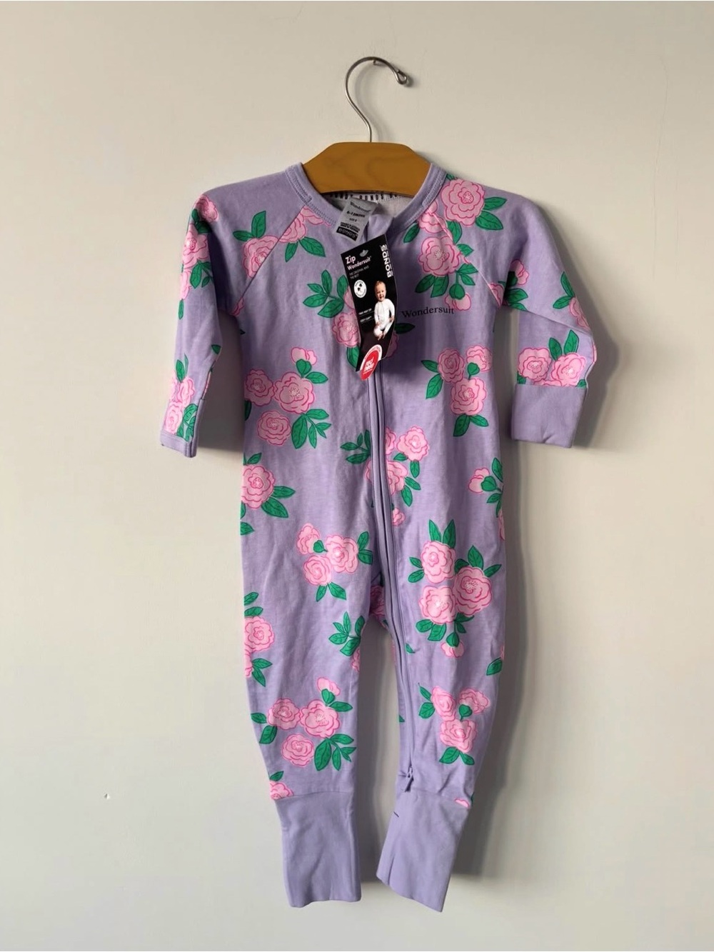 Bonds Lilac Floral Zip-Front Kids Footie Pajamas - Pink & Green Rose Print